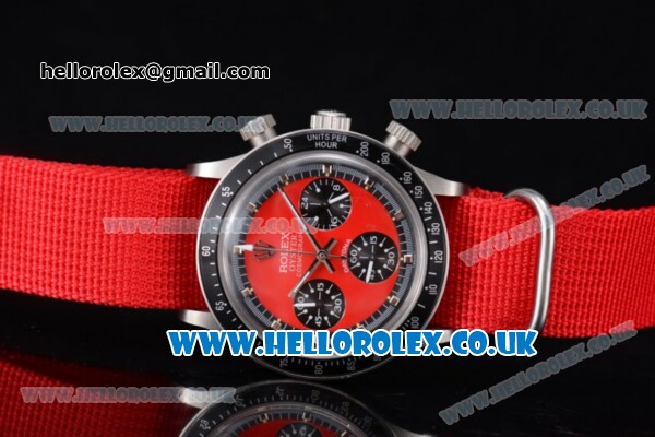 Rolex Daytona Vintage Chrono Miyota OS20 Quartz Steel Case with Red Dial Stick Markers and Red Nylon Strap - Click Image to Close